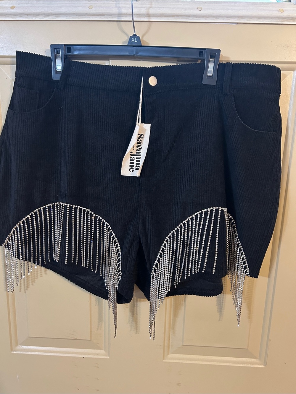 Savanna Jane Black High-Waist Rhinestone Fringe Shorts